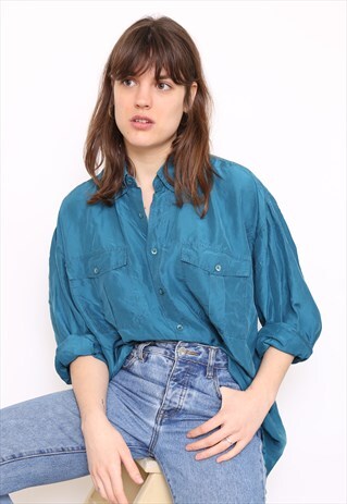 VINTAGE 90S GREEN SILK OVERSIZED BLOUSE SHIRT