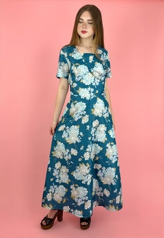 70's Vintage Aaen Blue Floral Short Sleeve Midi Maxi Dress