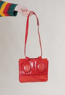 Vintage 80s Avangarde Red Reptile Texture Midi Shoulder Bag