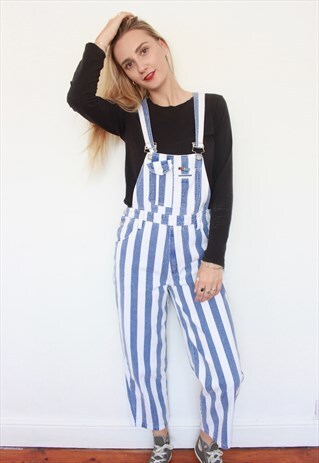 VINTAGE 90S RARE STRIPED BLUE WHITE FULL LENGTH DUNGAREES
