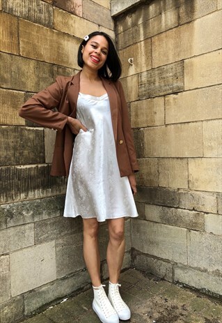 VINTAGE 90S CREAM FLORAL SATIN MINI SLIP DRESS