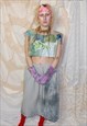 GREEN BROWN PATCHWORK TIE DYE CROP TOP EMBROIDERED BUG M/L