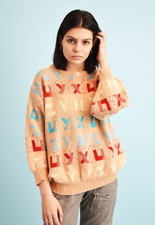 80'S RETRO LETTER PATTERN PASTEL SLOUCHY KNIT JUMPER