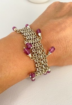 Y2K Silver Chainmail Bracelet with Purple Teardrop Gems