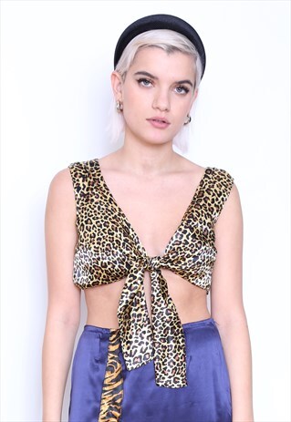 HANDMADE REWORKED VINTAGE SATIN LEOPARD CROP TOP