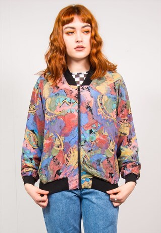 VINTAGE 90'S MULTICOLOUR PASTEL PAINT PATTERN BOMBER JACKET