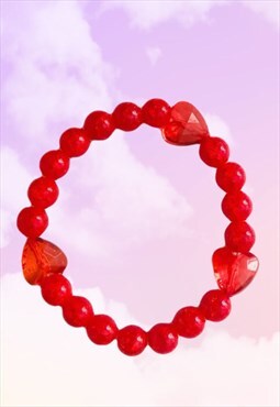 Hearts - Red Crackle Quartz Glitter Beaded Gemstone Bracelet