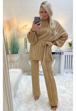 Camel Rib Knitted Jumper Trouser Loungewear Set