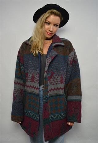 90S OVERSIZED BURGUNDY & GREY AZTEC NAVAJO QUILTED WOOL COAT
