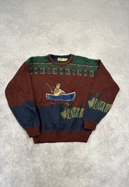 Vintage Knitted Jumper Embroidered Boat Patterned Sweater