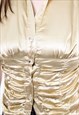 90S GOLD BLOUSE, VINTAGE PUFF SLEEVE SHINY PARTY TOP, SIZE S
