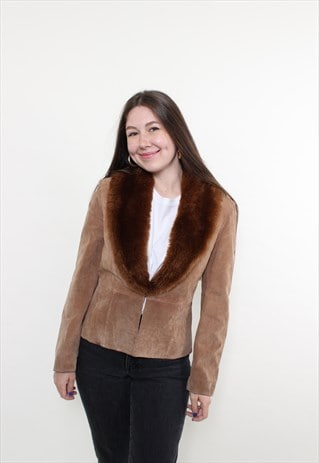 VINTAGE 90S BROWN LEATHER JACKET WITH FAUX FUR COLLAR RETRO