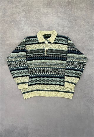 VINTAGE KNITTED JUMPER ABSTRACT PATTERNED GRANDAD SWEATER