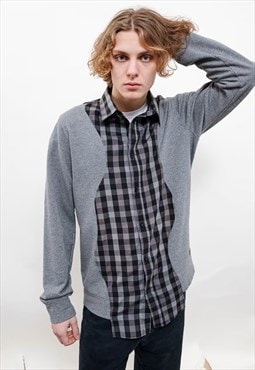 Vintage Reworked Grey Check Shirt Sweatshirt Sleeve Unisex M