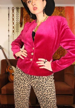 Vintage 80s Hot Pink Velvet Collarless Blazer Jacket