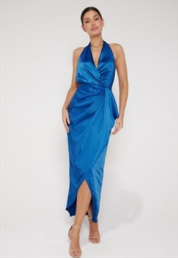 Amber Halter Neck Wrap Midi Dress - Royal Blue