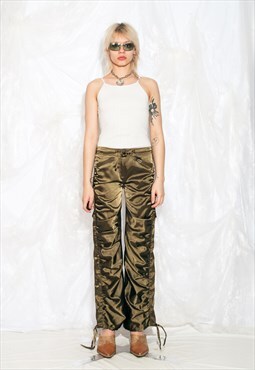 Vintage Y2K Ruched Trousers in Green Satin 