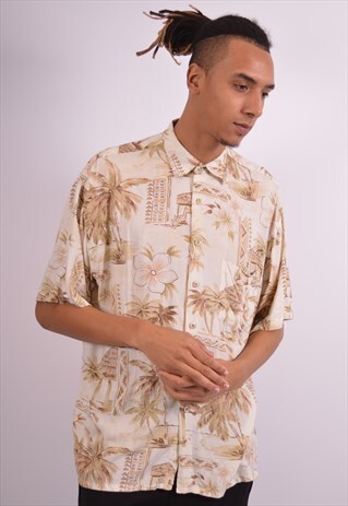 MENS VINTAGE HAWAIIAN SHIRT LARGE BEIGE 90S