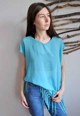 90S BLUE SLEEVELES BLOUSE, VINTAGE RUSHES LACE HOLIDAY TOP