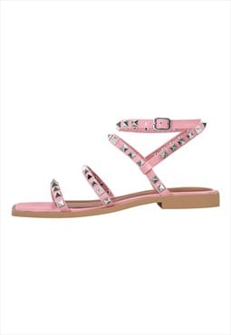 Rivet Square Toe Ankle Strap Flat Sandals