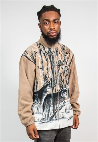 90'S VINTAGE WOLF BEIGE WINTER TEDDY FLEECE JACKET