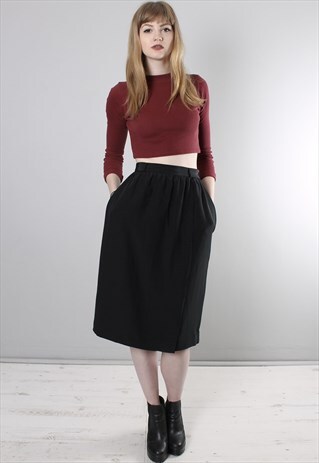 VINTAGE 80S BLACK WRAP STYLE MIDI SKIRT