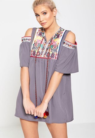 GREY EMBROIDERED COLD SHOULDER MINI DRESS