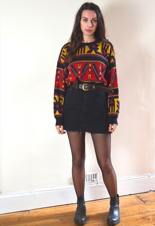 80S VINTAGE RED & YELLOW AZTEC PATTERN KNIT JUMPER
