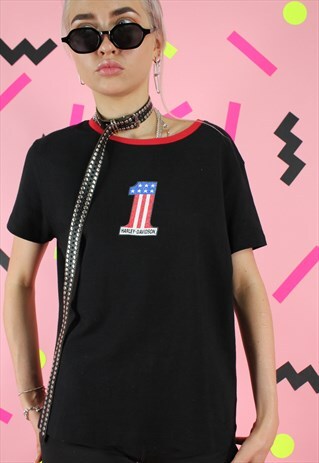VINTAGE 90S T-SHIRT HARLEY DAVIDSON Y2K BLACK GITTER LOGO