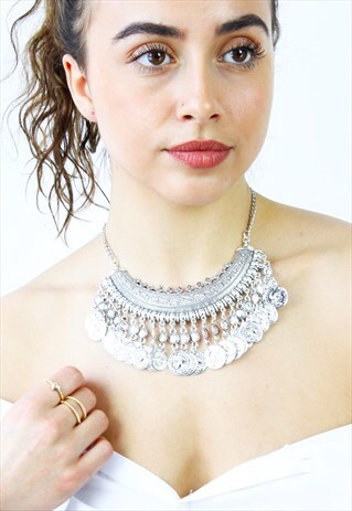 SILVER COIN ETHNIC BOHO STATEMENT NECKLACE