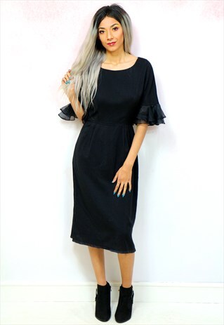 1990S VINTAGE BLACK RUFFLE FLUTE SLEEVE MIDI DRESS