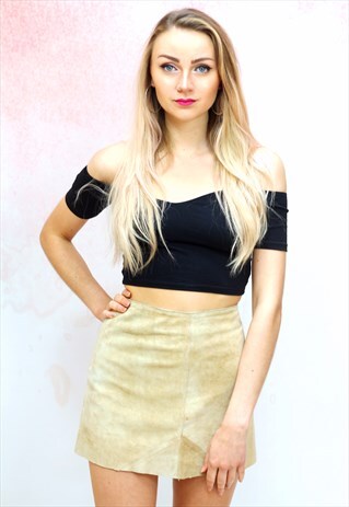 1970S VINTAGE CREAM REAL SUEDE REWORKED RAW HEM MINI SKIRT