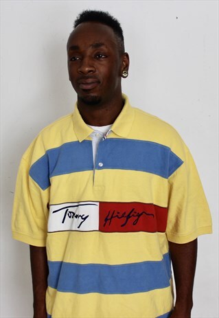 VINTAGE STRIPED TOMMY HILFIGER SPELL OUT POLO SHIRT XL