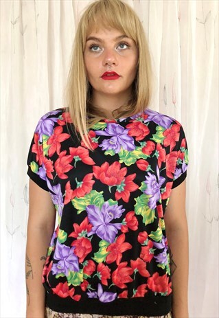 BLACK BRIGHT FLOWERS VINTAGE TOP