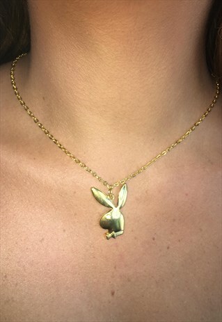 GOLD PLAYBOY BUNNY PENDANT CHAIN CHOKER NECKLACE