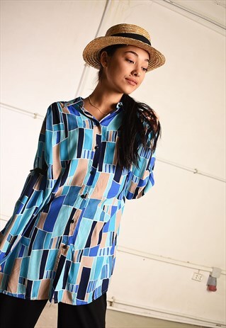 90'S RETRO CHECKED PARIS CHIC OVERSIZED BLOUSE TOP