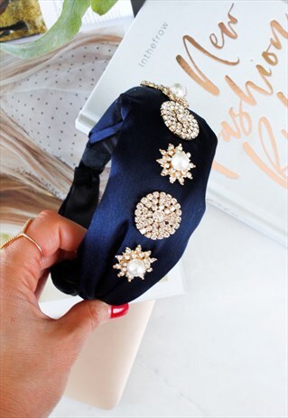 NAVY BLUE SATIN PLAITED DIAMANTE PEARL ALICE HEAD BAND