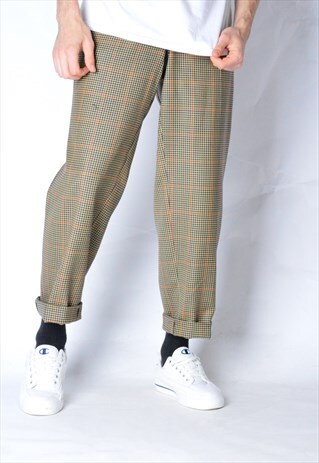 VINTAGE 90S BEIGE CHECK VIRGIN WOOL PANTS