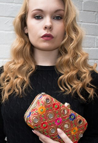 HANDMADE MULTICOLOUR MIRROR EFFECT EMBROIDERED CLUTCH BAG