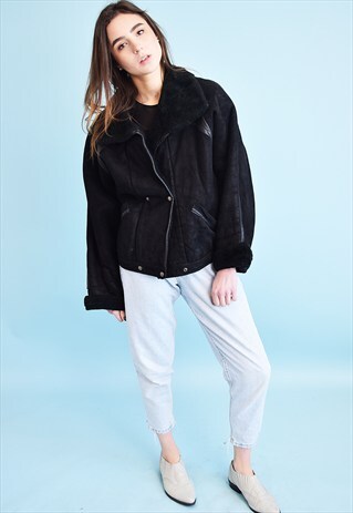 VINTAGE 80'S RETRO REAL SUEDE & FAUX FUR SHEARLING JACKET