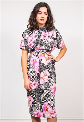 80'S VINTAGE PINK FLOWER BUTTON MIDI DRESS