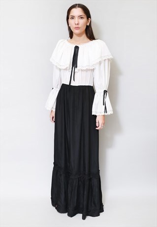 VINTAGE 1970'S BLACK & WHITE RUFFLED MAXI DRESS