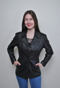 Women leather jacket, vintage 90s brown leather blazer waist