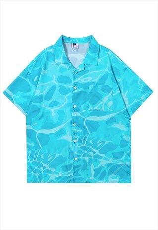 Sea print shirt abstract graphic rave top in ocean blue