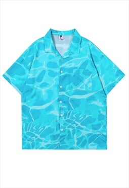 Sea print shirt abstract graphic rave top in ocean blue