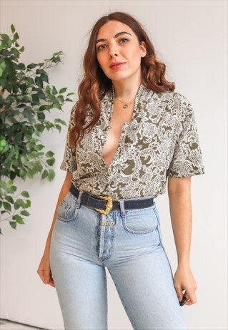 VINTAGE 80S BLOUSE IN KHAKI PAISLEY PRINT