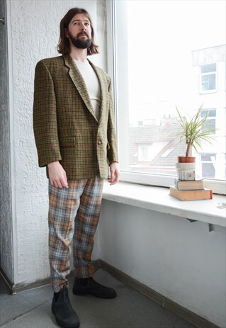 Vintage 70's HARRIS TWEED  Khaki Plaid Blazer Jacket