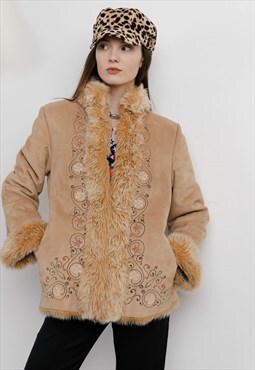 Vintage Y2k Boho Penny Lane Embroidered Faux Fur Jacket M