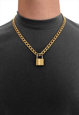 18" 20MM PADLOCK PENDANT 8MM NECKLACE CHAIN - GOLD