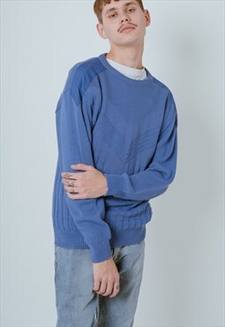 Vintage Minimal Round Neck Cotton Sweater in Blue Knit XS/S